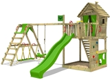 Parque infantil de madera con columpio y tobogán